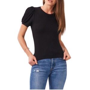 1 State Women's Black Puff Sleeve Rib Knit Top